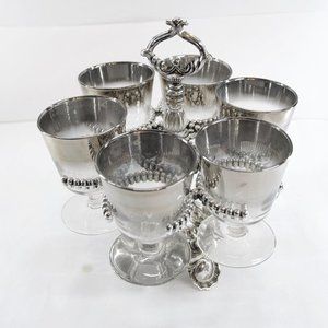 Wine Glasses Metal Caddy With 6 Silver Ombre‎ Glass Goblets Vintage Decorative